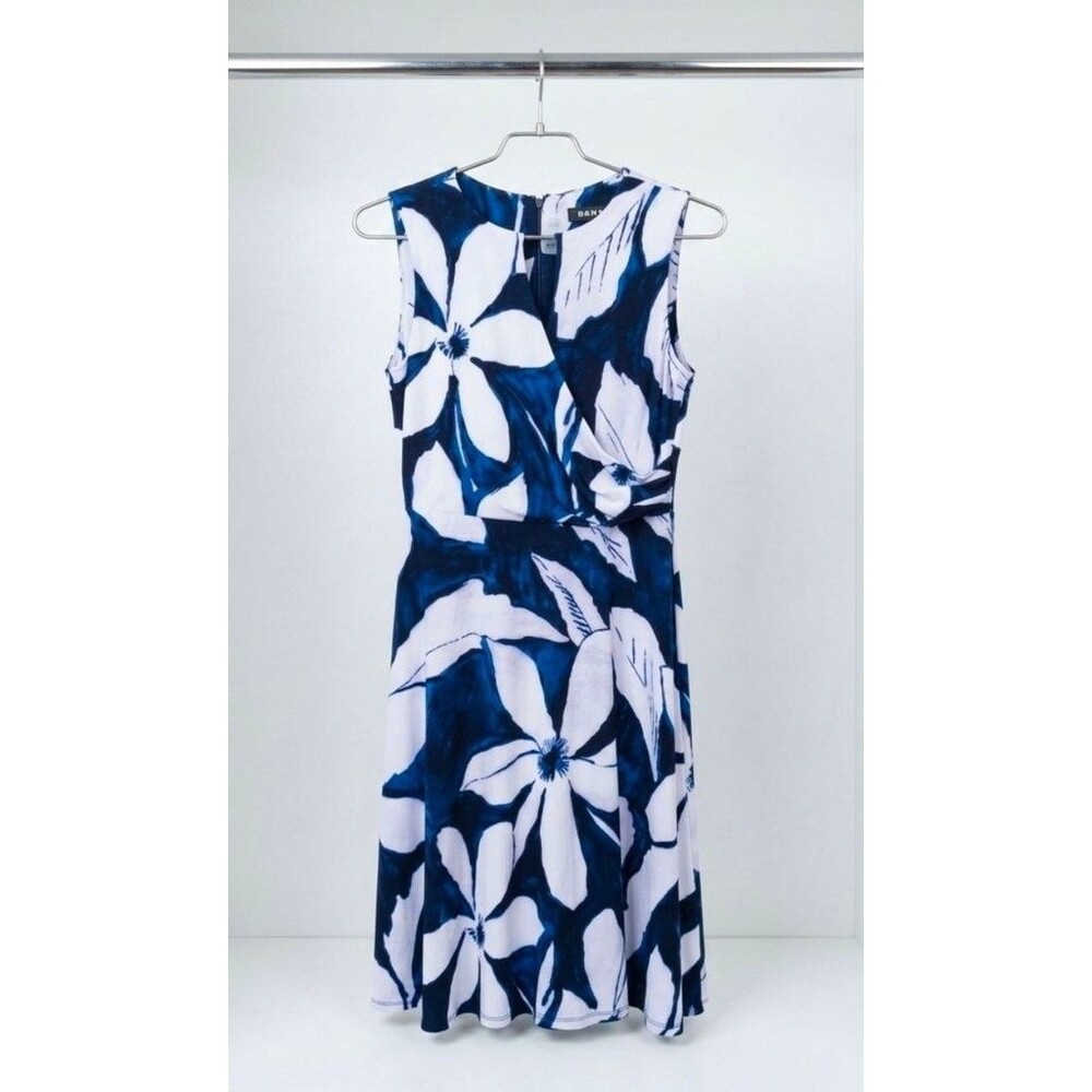DKNY Blue & White Floral Faux-Wrap Sleeveless Midi Dress - Size 4
